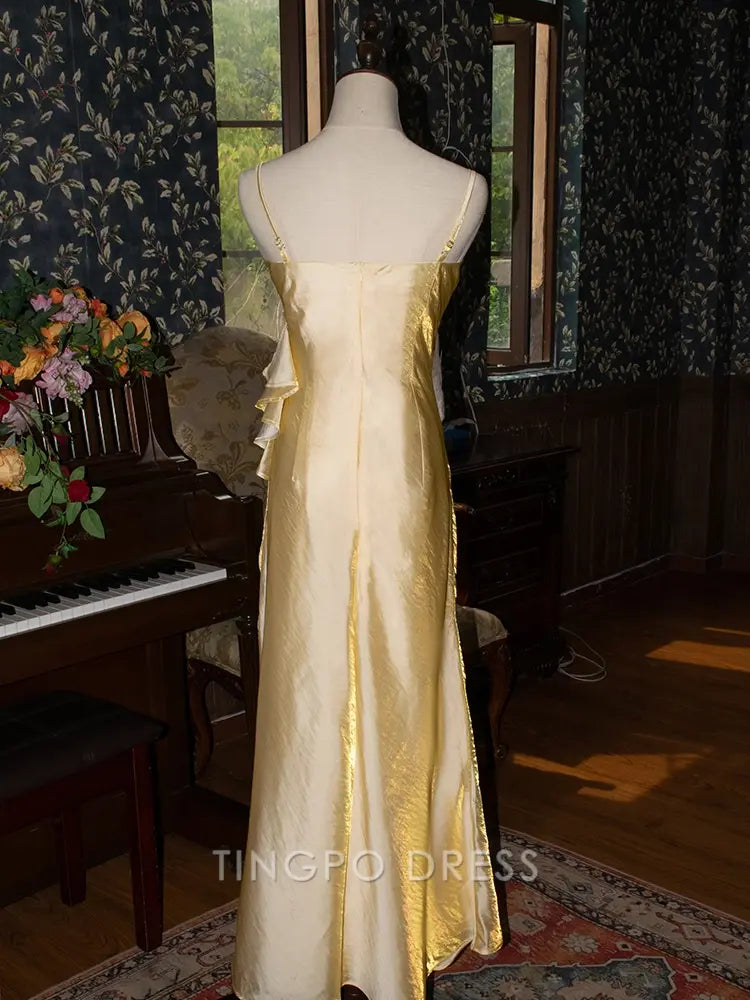 TingPo Wholesale Elegant Light Gold Vintage Floral Embellished Sheath Gown Fairy Princess Dress